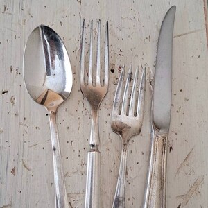 4 pc Vintage Lot Place Setting Fork Knife Spoon Salad Fork Set Flatware Silver Plate Silverware Shabby Chic Wedding Misc Pieces