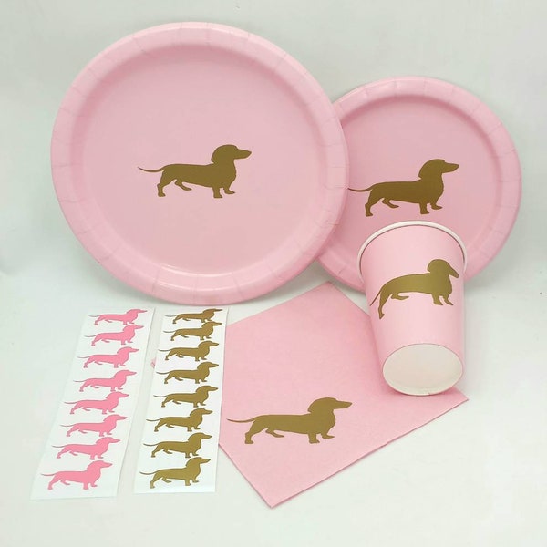 Dachshund Wiener Dog Party Supplies Paper Plates Napkins Cups Stickers Weenie Dog Themed  Baby Shower Kids Party Puppy Pink Girl