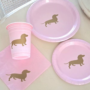 Dachshund Wiener Dog Party Supplies Paper Plates Napkins Cups Stickers Weenie Dog Themed  Baby Shower Kids Party Puppy Pink Girl