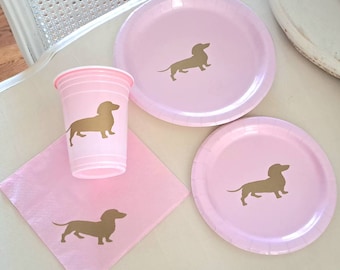 Dachshund Wiener Dog Party Supplies Paper Plates Napkins Cups Stickers Weenie Dog Themed  Baby Shower Kids Party Puppy Pink Girl