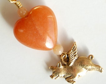 Carnelian Heart and Golden Pigasus Zipper Pull, Flying Pig Purse Charm, When Pigs Fly Backpack Charm, Orange Heart and Pig with Wings Pull