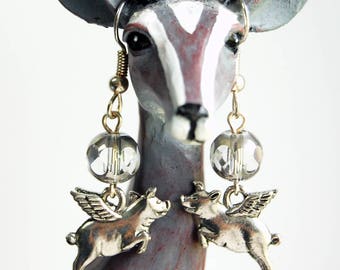 When Pigs Fly Red OR Clear Crystal Earrings, Flying Pig Jewelry, Pigs With Wings Dangle Earrings, Pigasus Pierced Earrings