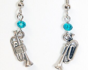 Music Charm Silver Tone Earrings - Choose Your Instrument and Color, Trumpet, French Horn, Piano, Guitar, Band Teacher Gift