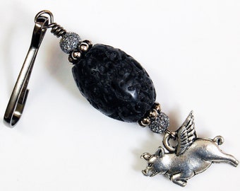 Flying Pig Zipper Pull, Black Lava Rock When Pigs Fly Purse Charm, Pigs With Wings Backpack Charm, Black and Silver Pigasus Purse Bling