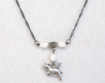 Pig with Wings and Pearls Gunmetal Bar Necklace, Flying Pig Charm Necklace, Delicate Singapore Chain Pigasus Necklace, When Pigs Fly Jewelry