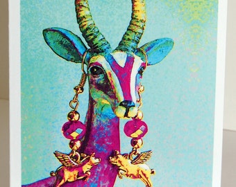 Psychedelic Gazelle Wearing Flying Pig Earrings Blank Note Cards, Set of Four Pop Art Note Cards, Whimsical Photographic Art Note Cards