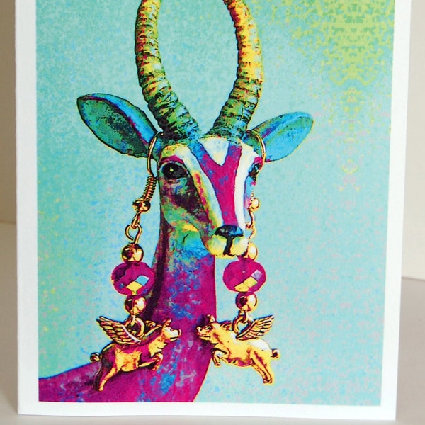 Psychedelic Gazelle Wearing Flying Pig Earrings Blank Note Cards, Set of Four Pop Art Note Cards, Whimsical Photographic Art Note Cards