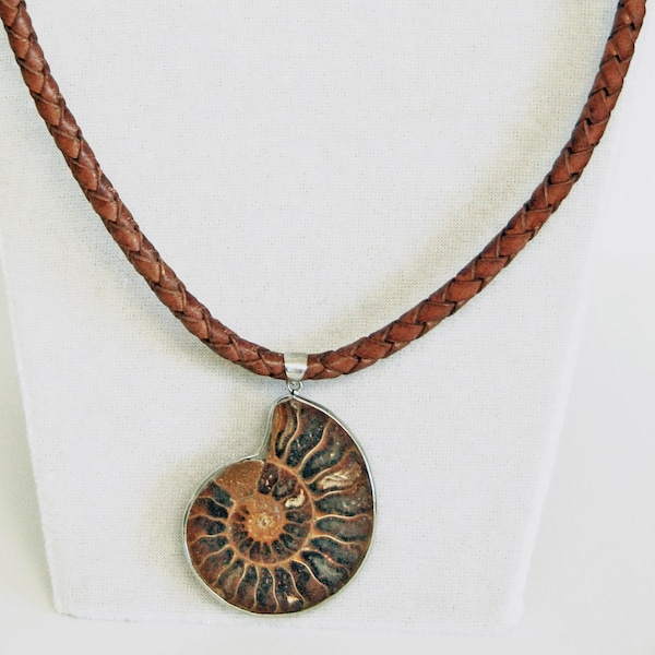 Ammonite Fossil Pendant on Leather Cord; Science, Math, Geology or Paleontology Enthusiast or Teacher Gift, Fibonacci Necklace