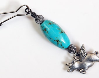 Turquoise Flying Pig Zipper Pull, When Pigs Fly Purse Charm, Pigs with Wings Bag Charm, Turquoise and Gunmetal Pigasus Zipper Charm