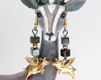 Golden Flying Pig and Hematite Earrings, Pigasus Jewelry, Pretty Pig With Wings Earrings, When Pigs Fly Black and Gold Accessory
