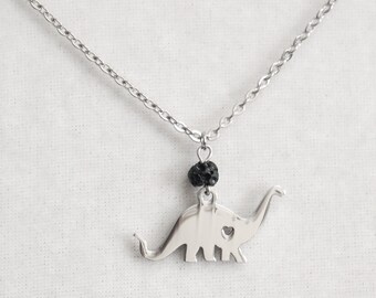 Dinosaur Charm and Black Lava Rock Necklace, Stainless Steel Sauropod Pendant and Chain, Love Brontosaurus Paleontologist Gift