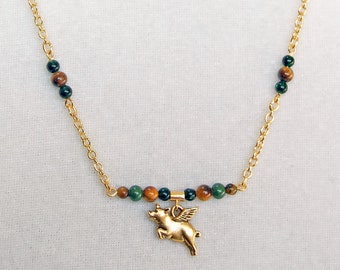 Golden Pig with Wings Bar Necklace, Flying Pig Charm Necklace, Delicate Cable Chain Pigasus Necklace, When Pigs Fly Gold Green Brown Jewelry