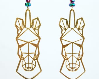 Brass Geometric Unicorn Earrings with Rainbow Colored Bead Accents, Lightweight Long Dangle Mythology Earrings