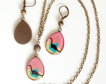 Sauropod Pendant Necklace, Southwest Colors Dinosaur Teardrop Pendant and Chain Necklace, Paleontologist Gift