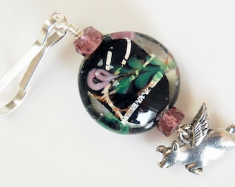Floral Flying Pig Purse Charm, When Pigs Fly Backpack Charm, Pigasus Zipper Pull, Pig with Wings Floral Motif Bag Charm