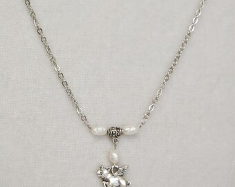 Pig with Wings and Pearls Stainless Steel Cable Chain Bar Necklace, Flying Pig Charm Necklace, When Pigs Fly Jewelry