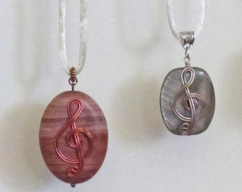 Wire Wrapped Treble Clef Necklace - Your Choice, Treble Clef Pendant on Silken Cord, Copper Tones OR Gray Tones Musician Gift Necklace