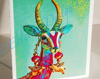 Psychedelic Gazelle Wearing Flying Pig Earrings Blank Note Cards, Set of Four Pop Art Note Cards, Whimsical Photographic Art Note Cards