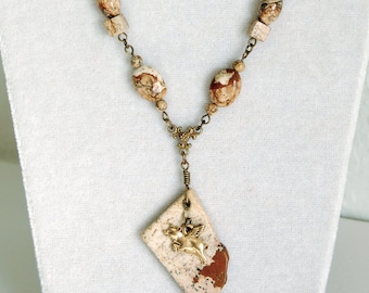 Flying Pig and Picture Jasper Necklace, Pig with Wings Tan and Brown Y Style Necklace, Whimsical Pigasus Beige and Brown Bib Necklace