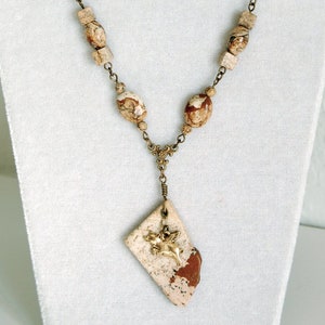 Flying Pig and Picture Jasper Necklace, Pig with Wings Tan and Brown Y Style Necklace, Whimsical Pigasus Beige and Brown Bib Necklace