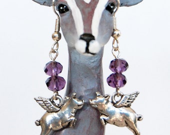 Pigasus and Purple Pierced Earrings, Pigs with Wings Amethyst Colored Earrings, When Pigs Fly Dangle Earrings, Flying Pig Earrings