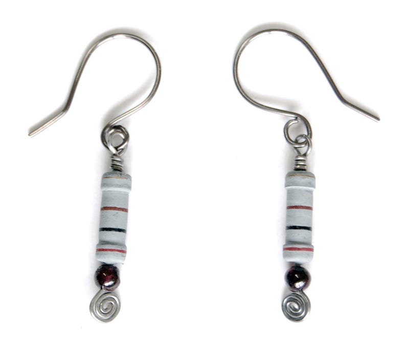 Upcycled Resistor Earrings Your Choice of Styles, Technology Jewelry, Science Geek Earrings Gray & Garnet