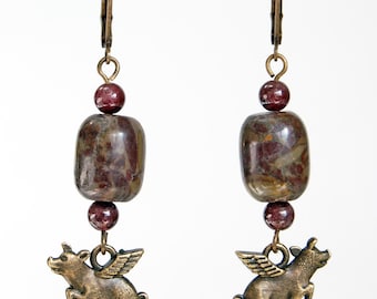 Flying Pig Jasper and Garnet Earrings, Bronze Tone and Red Pigasus Jewelry
