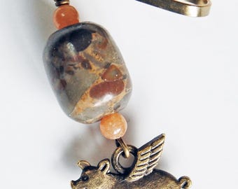 Jasper and Carnelian Flying Pig Bag Charm, Pig with Wings Whimsical Zipper Pull