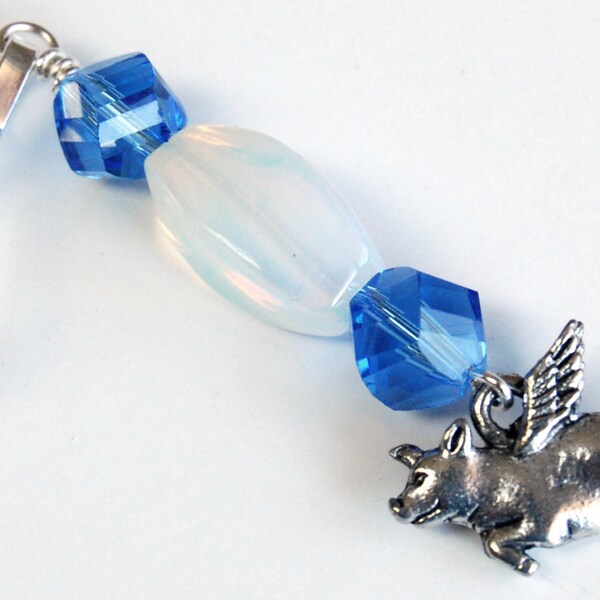 Flying Pig Zipper Pull - Opalite n Blue Beads, Pigasus Purse Charm, When Pigs Fly Backpack Charm, Blue and White Zipper Pull