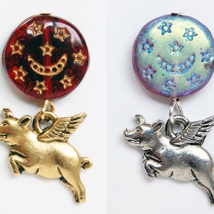 Celestial Flying Pig Pins Your Choice, Pig Flys under the Moon and Stars Lapel Pin, When Pigs Fly Moon and Stars Tie Tack, Pigasus Pin