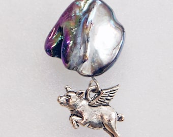 Flying Pig and AB Gray Blister Pearl Pin, Pigasus Pin, Pig with Wings Lapel Pin, When Pigs Fly Tie Tack