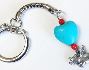 Pig with Wings Turquoise and Red Flexible Keychain, Flying Pig Keychain, Easy Open Southwest Colors Pigasus Keychain