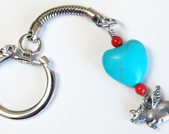 When Pigs Fly Keychain: Pewter Pigasus, Turquoise Heart, Southwest Colors