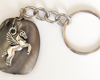 Gray Flying Horse Mythical Beast Keychain, Pegasus Greek Mythology Keyring, Grey Shell and Metal Split Ring Keychain