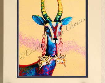 May include: A colorful, abstract painting of a blue antelope with yellow and green horns. The antelope is wearing pink and gold earrings with small, winged pigs hanging from them. The background is a yellow and pink splatter pattern.