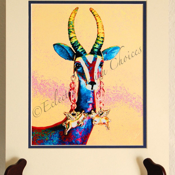 Psychedelic Gazelle Wearing Flying Pig Earrings Matted Photographic Art Print Your Choice of Sizes, Pop Art Matted Print, Whimsical Art