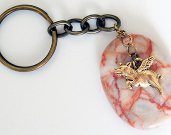 Flying Pig Jasper Keychain, Orange Lightning When Pigs Fly Keychain, Pig with Wings Split Ring Keychain, Whimsical Pigasus Key Ring