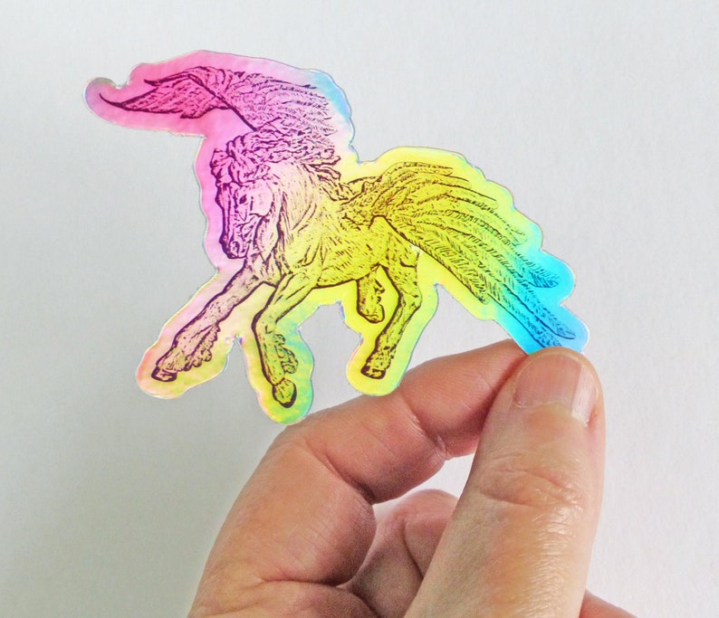 Purple and Gold Dragon or Holographic Pegasus Vinyl Sticker, Multicolored Flying Horse or Colorful Dragon Photographic Art Decal Flying Horse