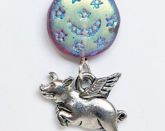 Celestial Flying Pig Pin, Czech Glass Moon and Stars, Pewter Pigasus Tie Tack