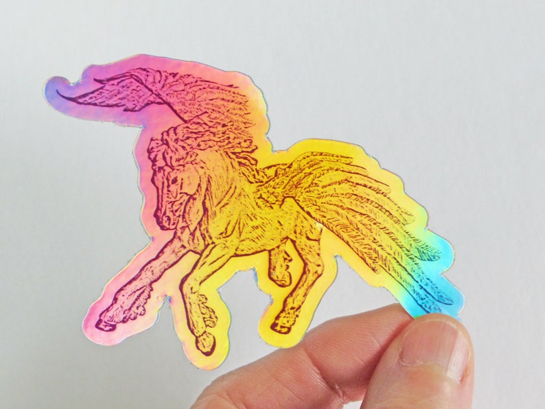 Purple and Gold Dragon or Holographic Pegasus Vinyl Sticker, Multicolored Flying Horse or Colorful Dragon Photographic Art Decal image 7