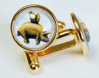 Golden Flying Pig Cufflink Pair, Pigasus Cufflinks, Pigs with Wings Cuff Link Set, When Pigs Fly French Cuff Shirt Accessory