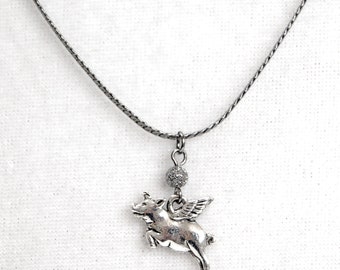 Pig with Wings Gunmetal Chain Necklace, Flying Pig Charm Necklace, Delicate Singapore or Flat Curb Chain Pigasus Necklace