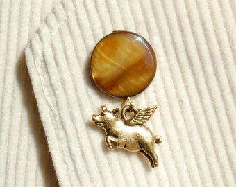 Flying Pig Tie Tack, Pig with Wings Lapel Pin, Your Choice Brown, Cream OR Salmon Pigasus Pin, Whimsical When Pigs Fly Tie Tac