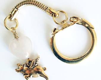 Flying Pig and Heart Keychain Choose White or Brown Heart, Golden When Pigs Fly Flexible Keychain, Easy Open Pig With Wings Golden Key Ring