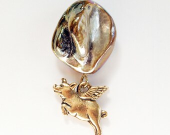 Pig With Wings and Golden AB Brown Blister Pearl Lapel Pin, Flying Pig Accessory, Whimsical Pigasus Pin, When Pigs Fly Tie Tack