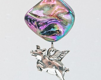 Flying Pig and AB Gray Blister Pearl Pin, Pigasus Pin, Pig with Wings Lapel Pin, When Pigs Fly Tie Tack