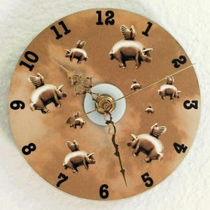 Flying Pigs CD Wall Clock - Blue, Purple, Sepia OR Gray, When Pigs Fly Clock, Pigs with Wings Small Battery Operated Wall Clock with Numbers