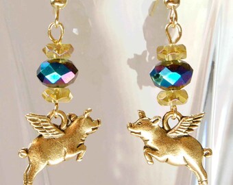 Colorful Golden Hued Flying Pig Dangle Earrings, When Pigs Fly Jewelry, Pretty Pigasus Earrings
