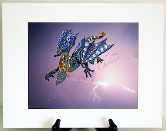 Dragon Emerging From the Storm Photographic Art Print, Whimsical Matted Dragon Art, Purple and Black Mythology Dragon Fantasy Artwork