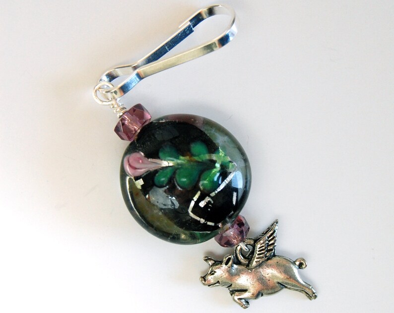 Floral Flying Pig Purse Charm, When Pigs Fly Backpack Charm, Pigasus Zipper Pull, Pig with Wings Floral Motif Purse Charm image 2